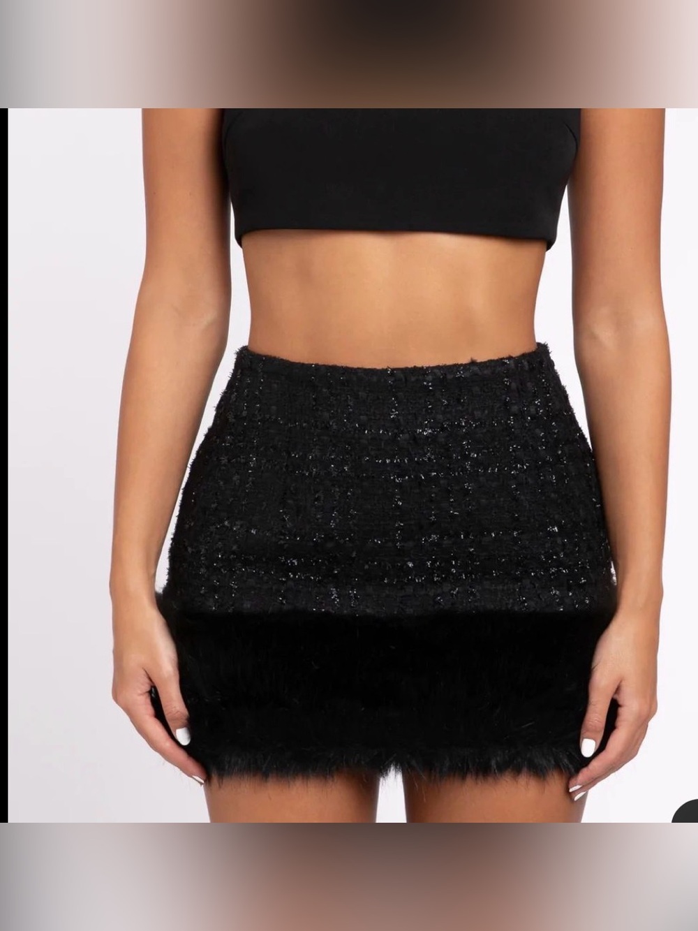 Elegant Black Tweed Skirt with Faux Fur Trim